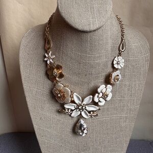 Vintage White Flower Statement Necklace Enamel, Shell, Rhinestones in Gold Tone